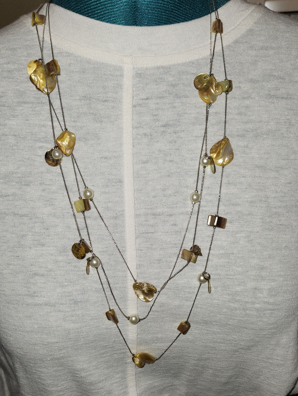 Multi-Strand Abalone Bead & Pearl Necklace Silver Alloy- Women 32" Jewelry